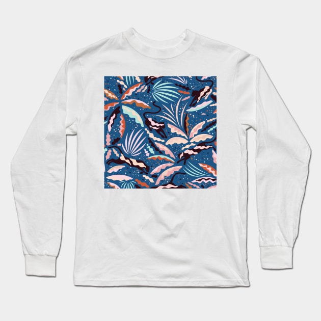 Panthers and Exotic Plants on Blue Background Long Sleeve T-Shirt by matise